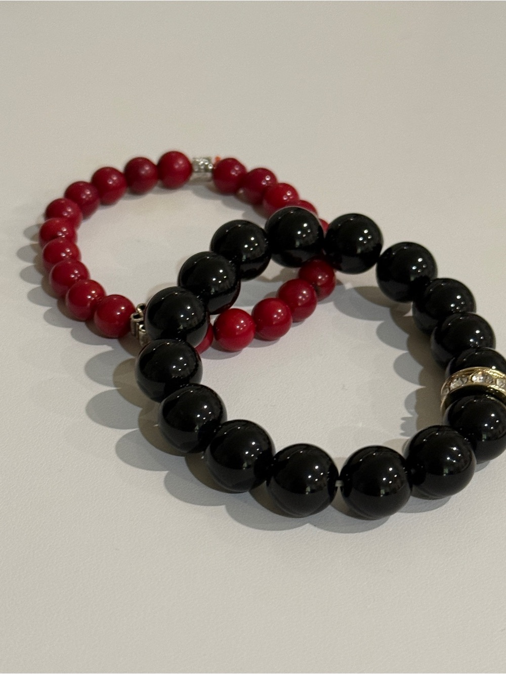 Black and Red Pair of Beaded Bracelets with Sterling Silver Accents